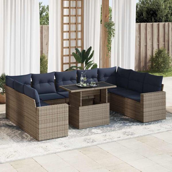 vidaXL 10-tlg. Garten-Sofagarnitur mit Kissen Grau Poly Rattan Akazie