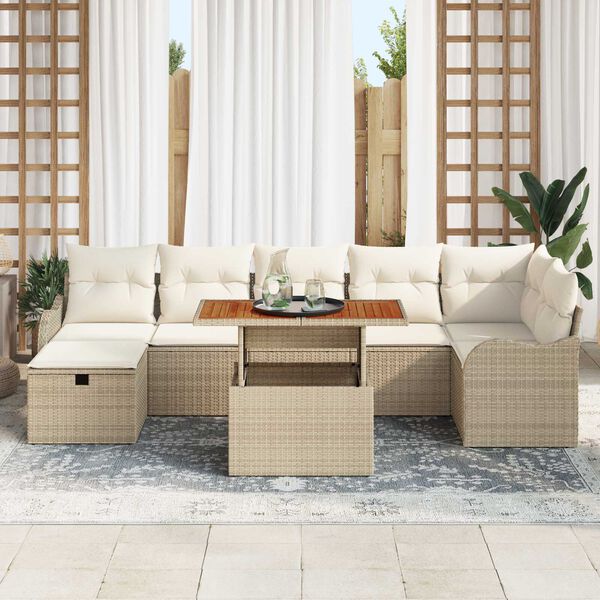 vidaXL Garten-Sofa-Set mit Kissen mit Speicher 8 pcs Beige Poly Rattan
