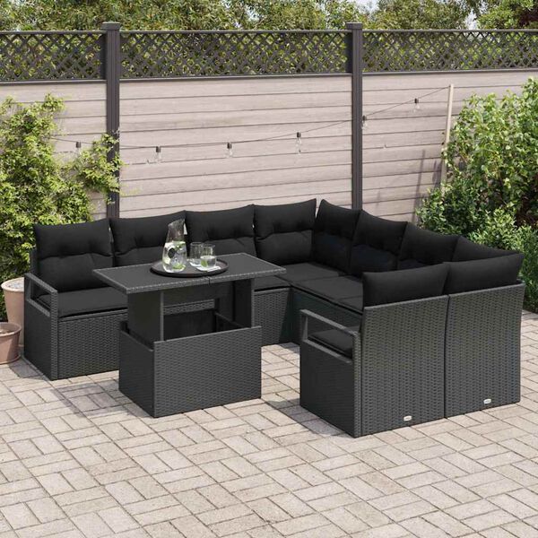 vidaXL Gartensofa-set mit Kissen 9 pcs Schwarz Poly Rattan
