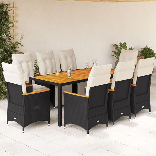 vidaXL 9-tlg. Garten-Bistro-Set mit Kissen Schwarz Poly Rattan