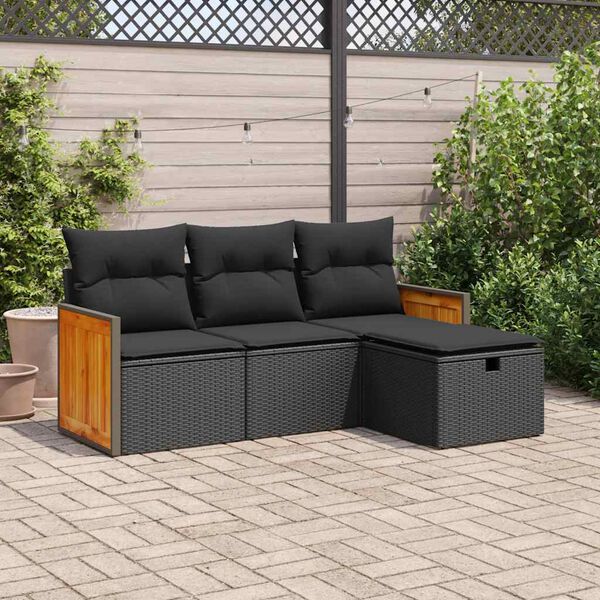 vidaXL 4-tlg. Garten-Sofagarnitur mit Kissen Schwarz Poly Rattan