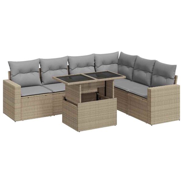 vidaXL 7-tlg. Garten-Sofagarnitur mit Kissen Beige Poly Rattan