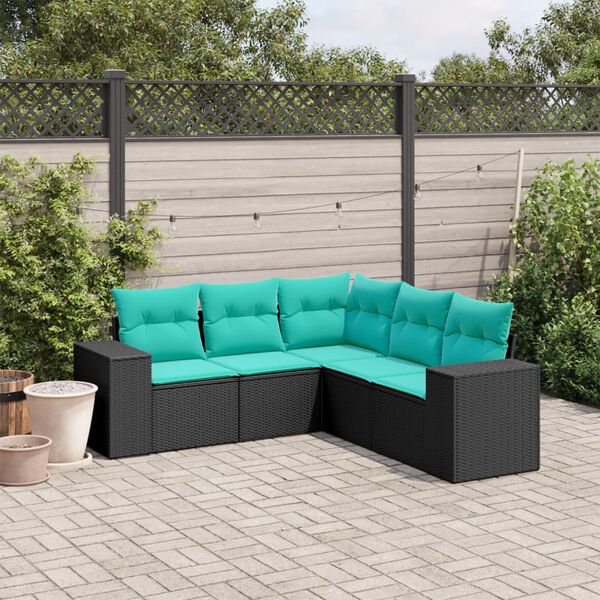 vidaXL 5-teiliges Gartensofa-Set mit Kissen, schwarzes Polyrattan