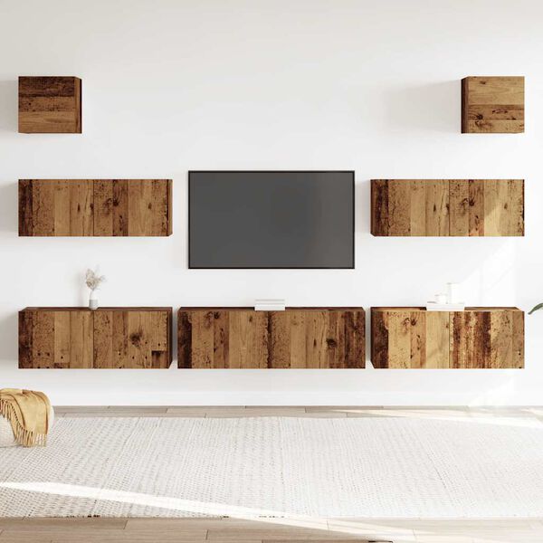 vidaXL 7-tlg. TV-Schrank-Set Wandmontage Altholz-Optik Holzwerkstoff