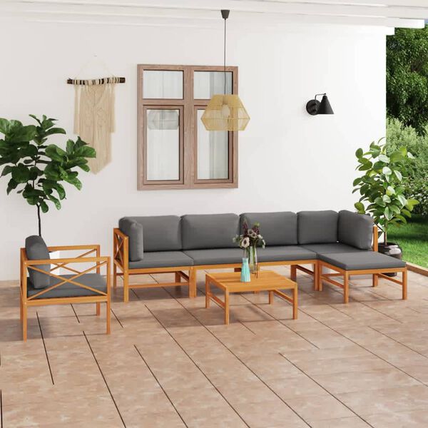 vidaXL 7-tlg. Garten-Lounge-Set mit Grauen Kissen Massivholz Teak