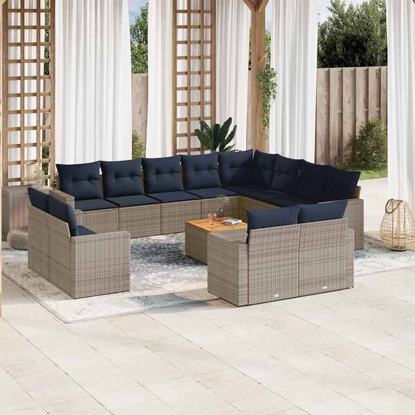 vidaXL 13-tlg. Garten-Sofagarnitur mit Kissen Grau Poly Rattan