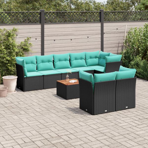 vidaXL 9-tlg. Garten-Sofagarnitur mit Kissen Schwarz Poly Rattan