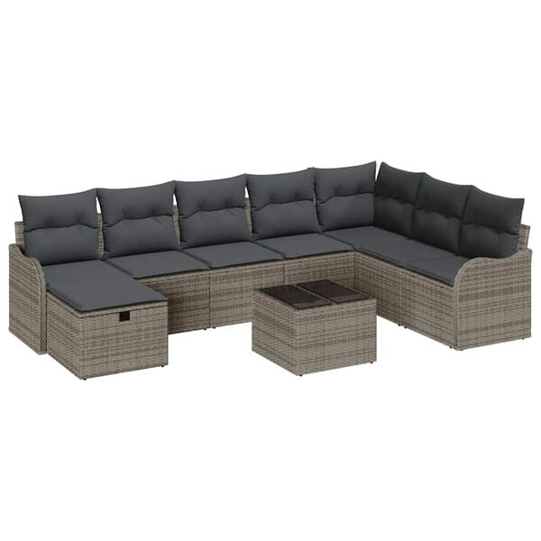 vidaXL Garten-Sofa-Set mit Kissen mit Speicher 9 pcs Grau Poly Rattan
