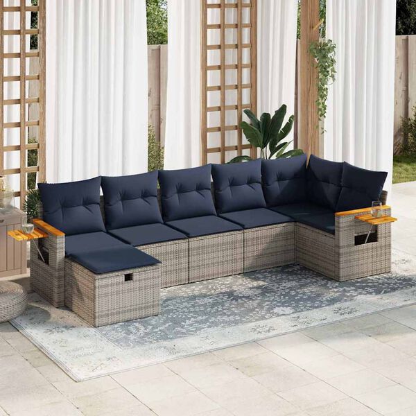 vidaXL 7-tlg. Garten-Sofagarnitur mit Kissen Grau Poly Rattan