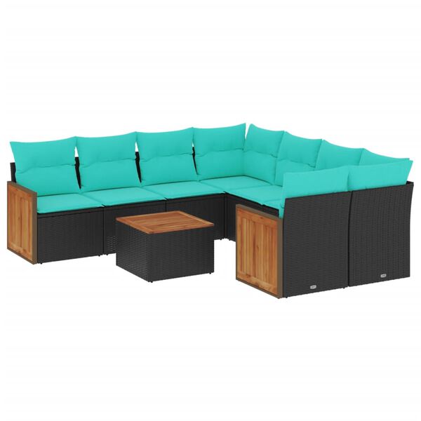 vidaXL 9-teiliges Gartensofa-Set mit Kissen, schwarzes Polyrattan