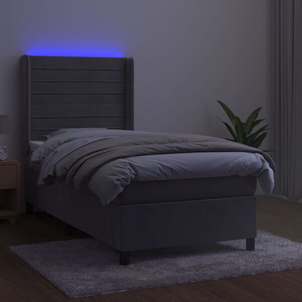 vidaXL Boxspringbett mit Matratze & LED Hellgrau 90x200 cm Samt