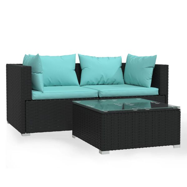 vidaXL 3-tlg. Garten-Lounge-Set mit Kissen Schwarz Poly Rattan