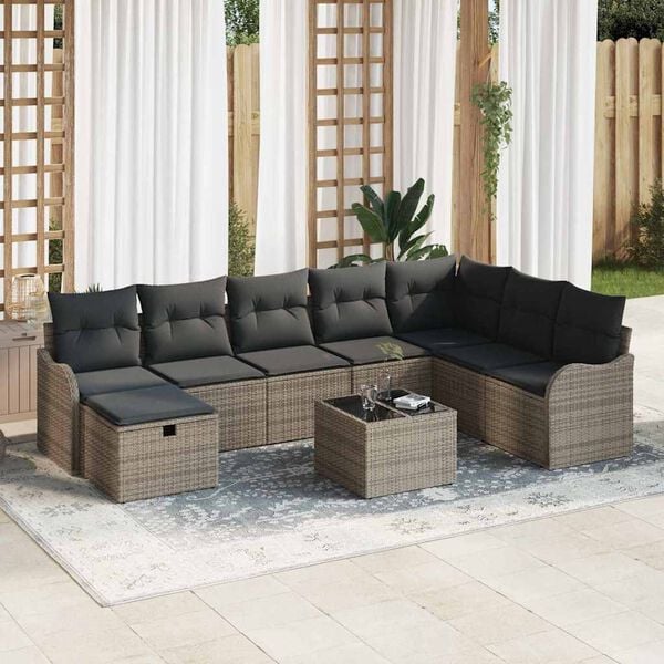 vidaXL Garten-Sofa-Set mit Kissen mit Speicher 9 pcs Grau Poly Rattan