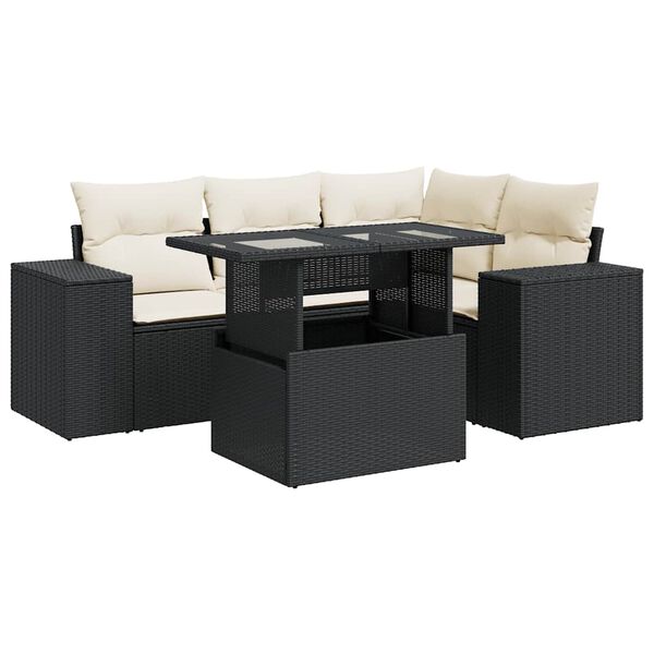 vidaXL 5-tlg. Garten-Sofagarnitur mit Kissen Schwarz Poly Rattan