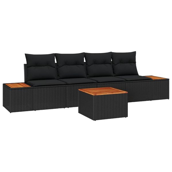 vidaXL Garten-Sofa-Set mit Kissen 5 pcs Schwarz Poly Rattan