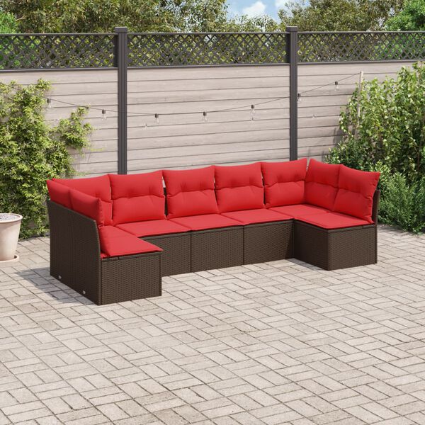 vidaXL 7-tlg. Garten-Sofagarnitur mit Kissen Braun Poly Rattan