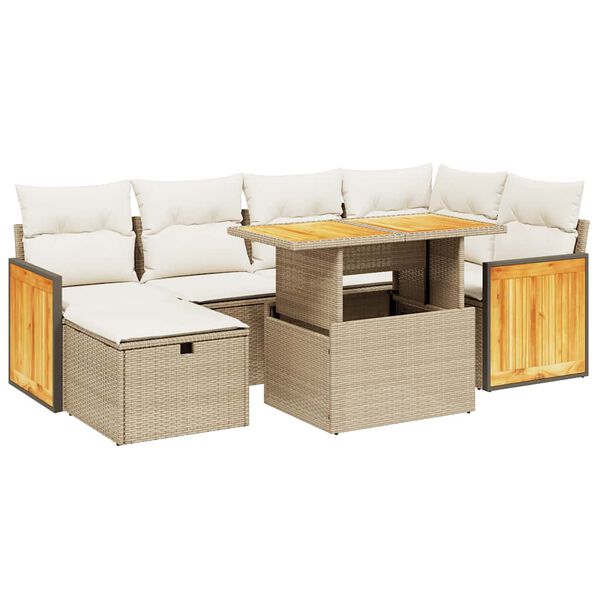 vidaXL 7-tlg. Garten-Sofagarnitur mit Kissen Beige Poly Rattan