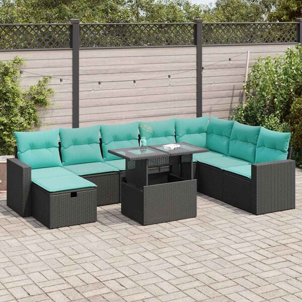 vidaXL 9-tlg. Garten-Sofagarnitur mit Kissen Grau Poly Rattan Akazie