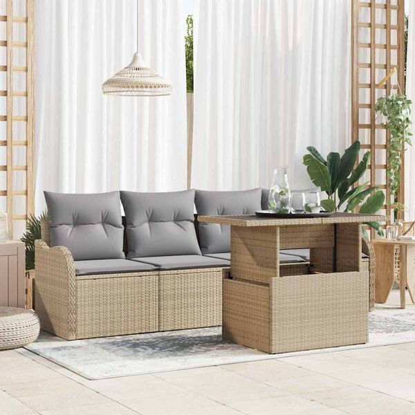 vidaXL Garten-Sofa-Set mit Kissen mit Kissen 5 pcs Beige Poly Rattan