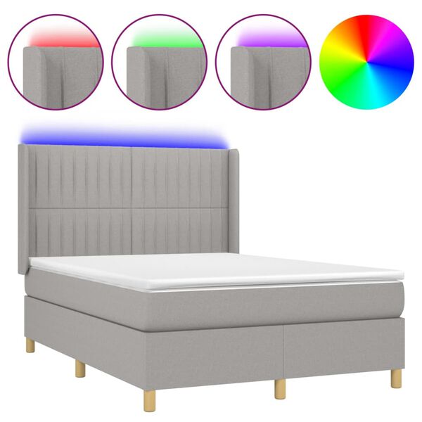 vidaXL Boxspringbett mit Matratze & LED Hellgrau 140x200 cm Stoff