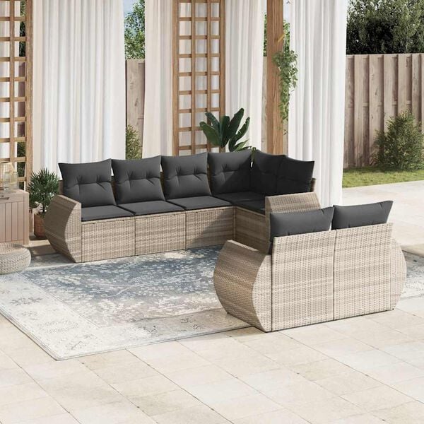 vidaXL 7-tlg. Garten-Sofagarnitur mit Kissen Hellgrau Poly Rattan