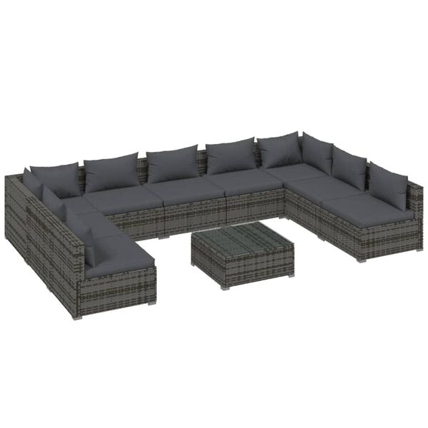 vidaXL 10-tlg. Garten-Lounge-Set mit Kissen Poly Rattan Grau