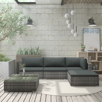 vidaXL 5-tlg. Garten-Lounge-Set mit Auflagen Poly Rattan Grau