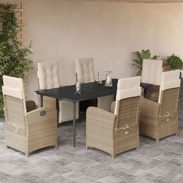 vidaXL 7-tlg. Garten-Essgruppe mit Kissen Beige Poly Rattan