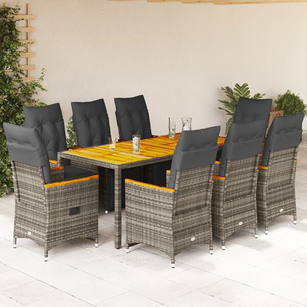 vidaXL 9-tlg. Garten-Bistro-Set mit Kissen Grau Poly Rattan