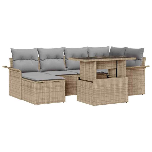 vidaXL Garten-Sofa-Set mit Kissen mit Speicher 7 pcs Beige Poly Rattan