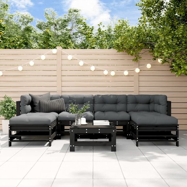 vidaXL 7-tlg. Garten-Lounge-Set mit Kissen Schwarz Massivholz