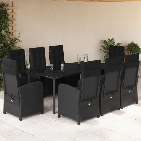 vidaXL 9-tlg. Garten-Essgruppe mit Kissen Schwarz Poly Rattan