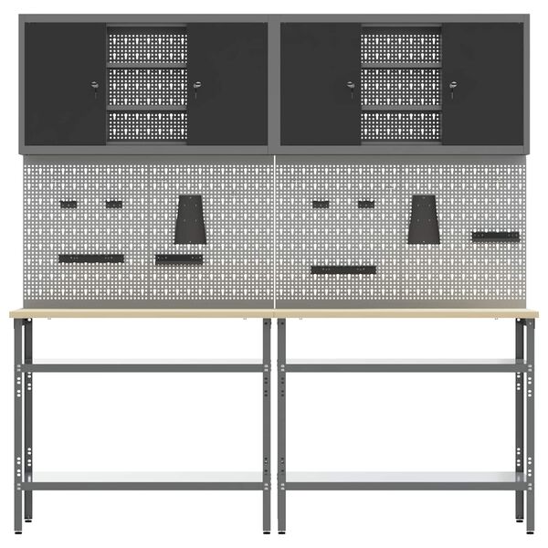 vidaXL Werkbank-Set mit Regal 8 pcs Grau Pulverbeschichteter Stahl