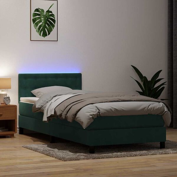 vidaXL Boxspringbett mit Matratze & LED Dunkelgr&uuml;n 100x210 cm Samt