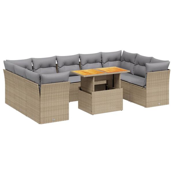 vidaXL 10-tlg. Garten-Sofagarnitur mit Kissen Beige Poly Rattan