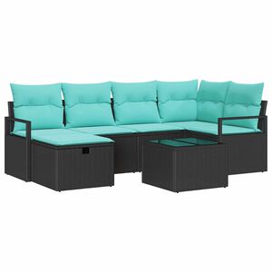 vidaXL Sofa Set 7 stk. 6-Sitzer Schwarz und T&uuml;rkis Poly-Rattan