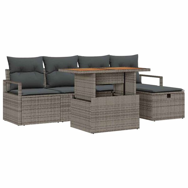 vidaXL Garten-Sofa-Set mit Kissen mit Speicher 6 pcs Grau Poly Rattan