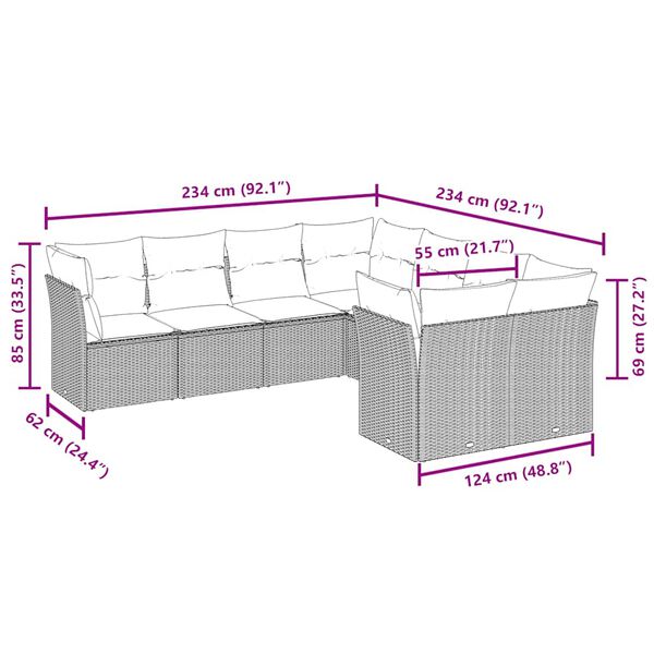 vidaXL 8-tlg. Garten-Sofagarnitur mit Kissen Braun Poly Rattan