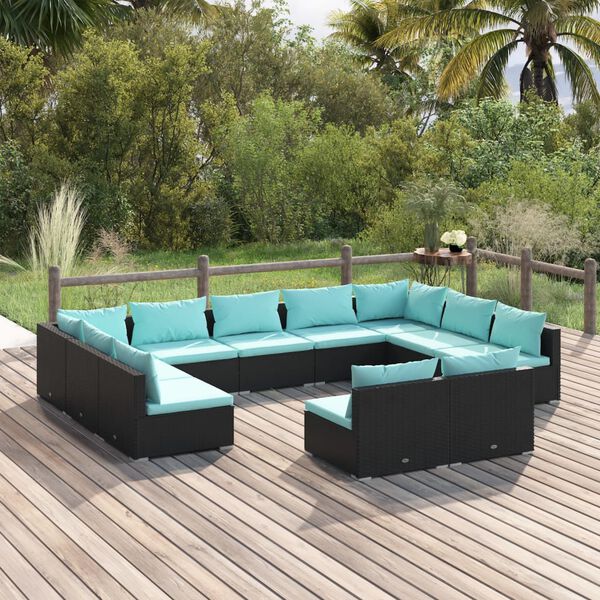 vidaXL 11-tlg. Garten-Lounge-Set mit Kissen Schwarz Poly Rattan