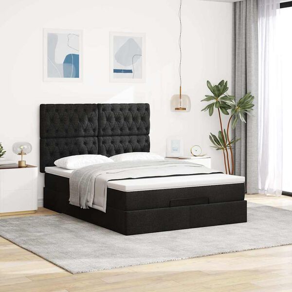 vidaXL Ottoman-Bett mit Matratze & LEDs Schwarz 140x200 cm Stoff