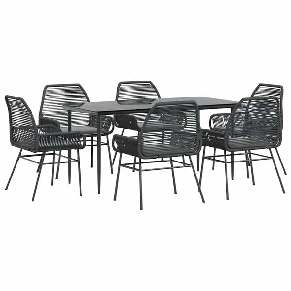 vidaXL 7-tlg. Garten-Essgruppe mit Kissen Schwarz Poly Rattan Glas