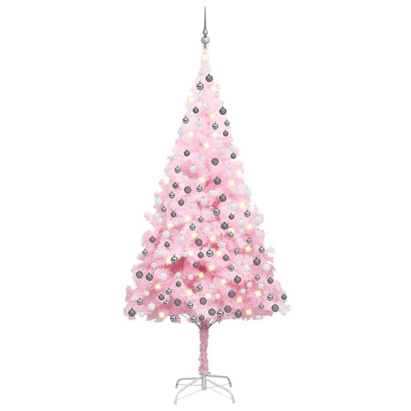 vidaXL K&uuml;nstlicher Weihnachtsbaum mit Beleuchtung & Kugeln Rosa 210cm