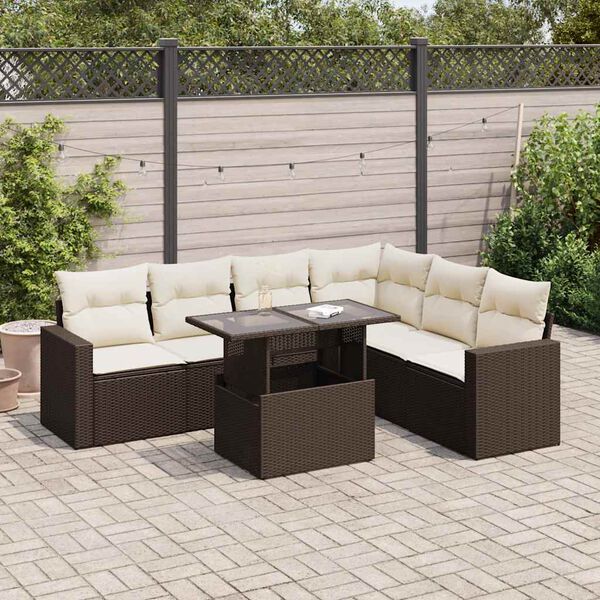 vidaXL 7-tlg. Garten-Sofagarnitur mit Kissen Braun Poly Rattan