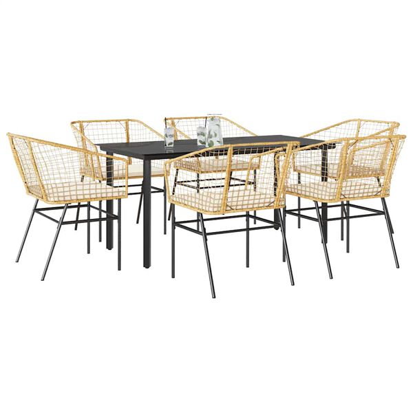 vidaXL 7-tlg. Garten-Essgruppe mit Kissen Braun Poly Rattan Glas