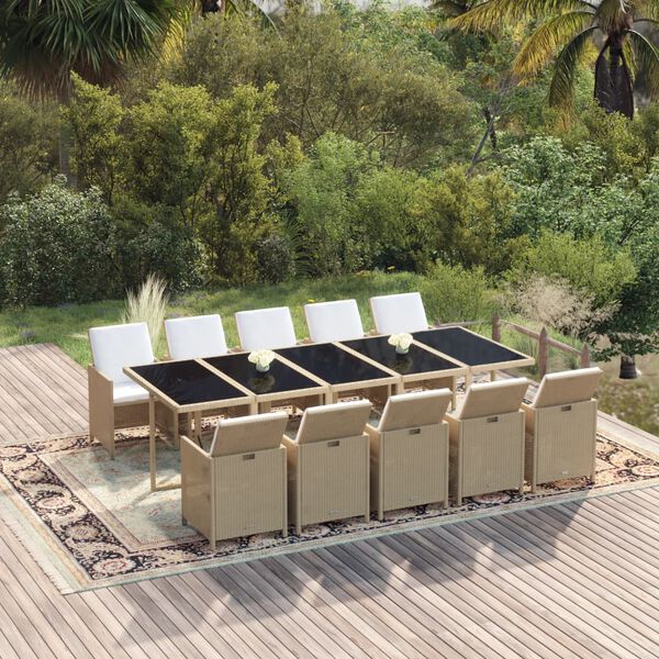 vidaXL 11-tlg. Garten-Essgruppe mit Kissen Poly Rattan Beige