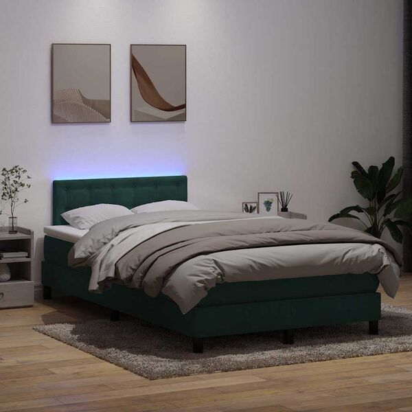 vidaXL Boxspringbett mit Matratze & LED Dunkelgr&uuml;n 120x220 cm Samt