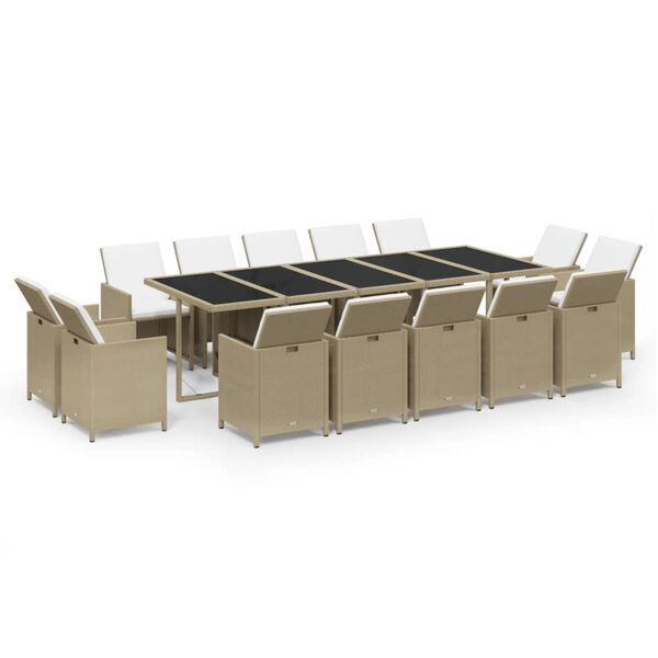 vidaXL 15-tlg. Garten-Essgruppe mit Kissen Poly Rattan Beige
