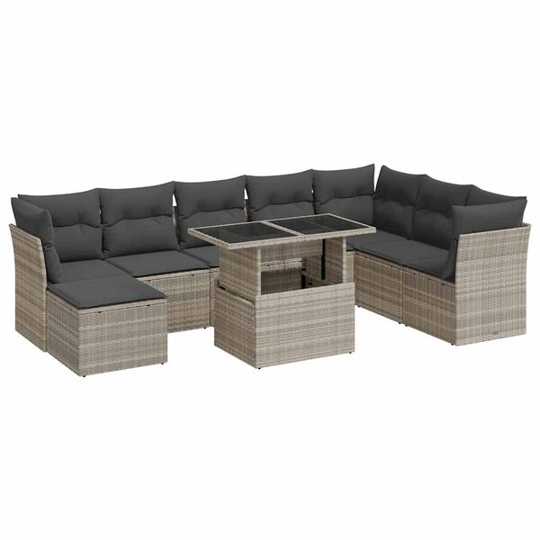 vidaXL 9-tlg. Garten-Sofagarnitur mit Kissen Hellgrau Poly Rattan