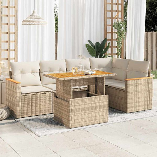 vidaXL 6-tlg. Garten-Sofagarnitur mit Kissen Beige Poly Rattan Akazie