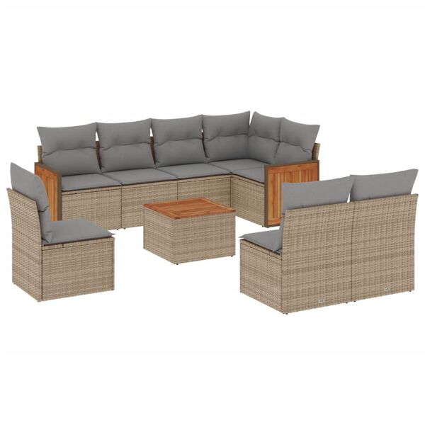 vidaXL 9-tlg. Garten-Sofagarnitur mit Kissen Beige Poly Rattan